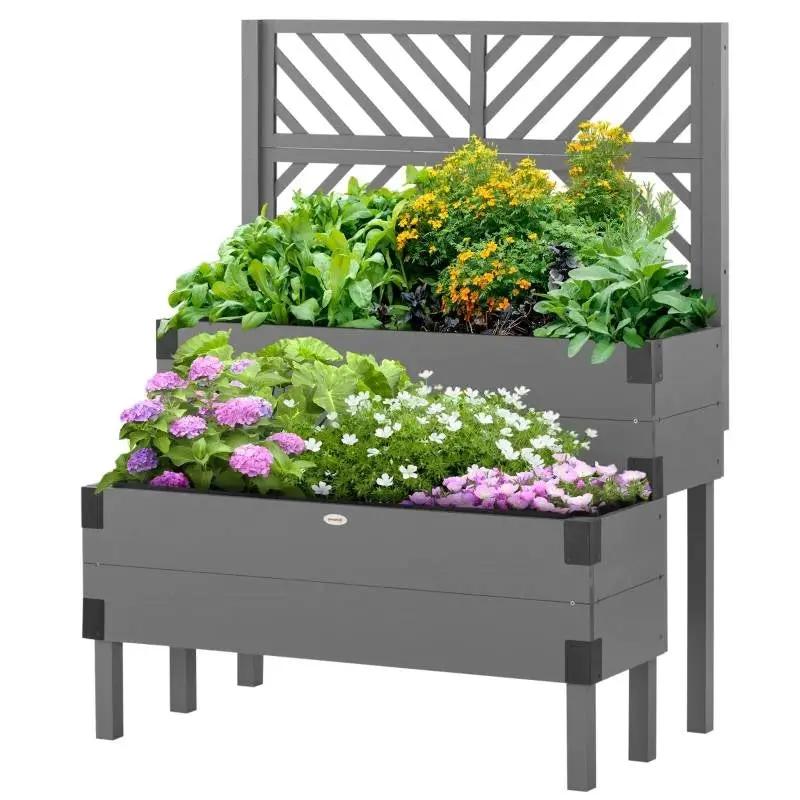 2 Tier Self Draining Grey Wood Raised Garden Bed Planter Box with Trellis by HomePacific