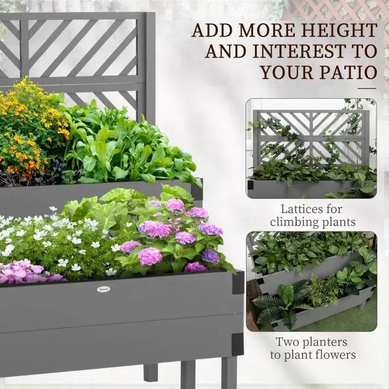 2 Tier Self Draining Grey Wood Raised Garden Bed Planter Box with Trellis by HomePacific