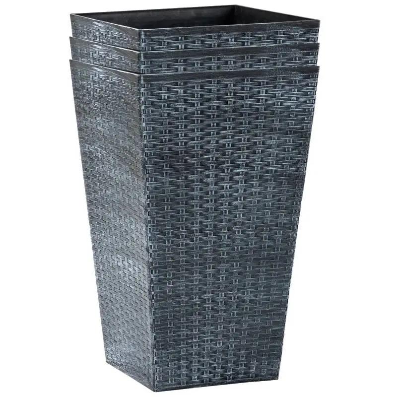 Set of 3 - Grey Faux Rattan Plastic Tall Large Flower Pots by HomePacific