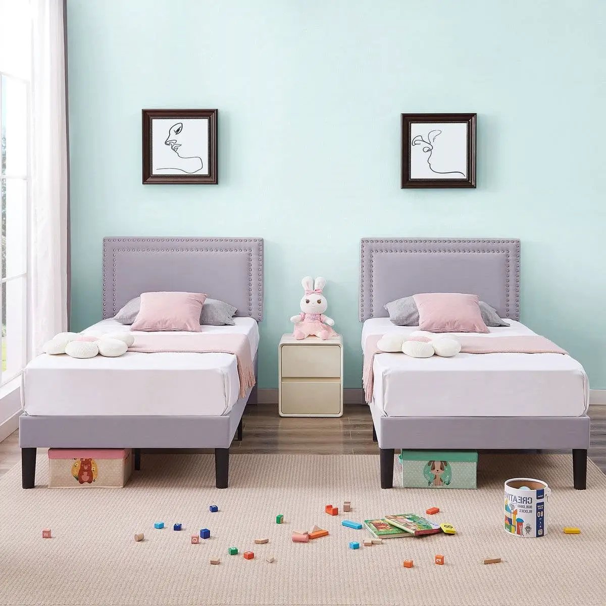 Set of 2 - Twin size Grey Upholstered Platform Bed Frame with Headboard by HomePacific
