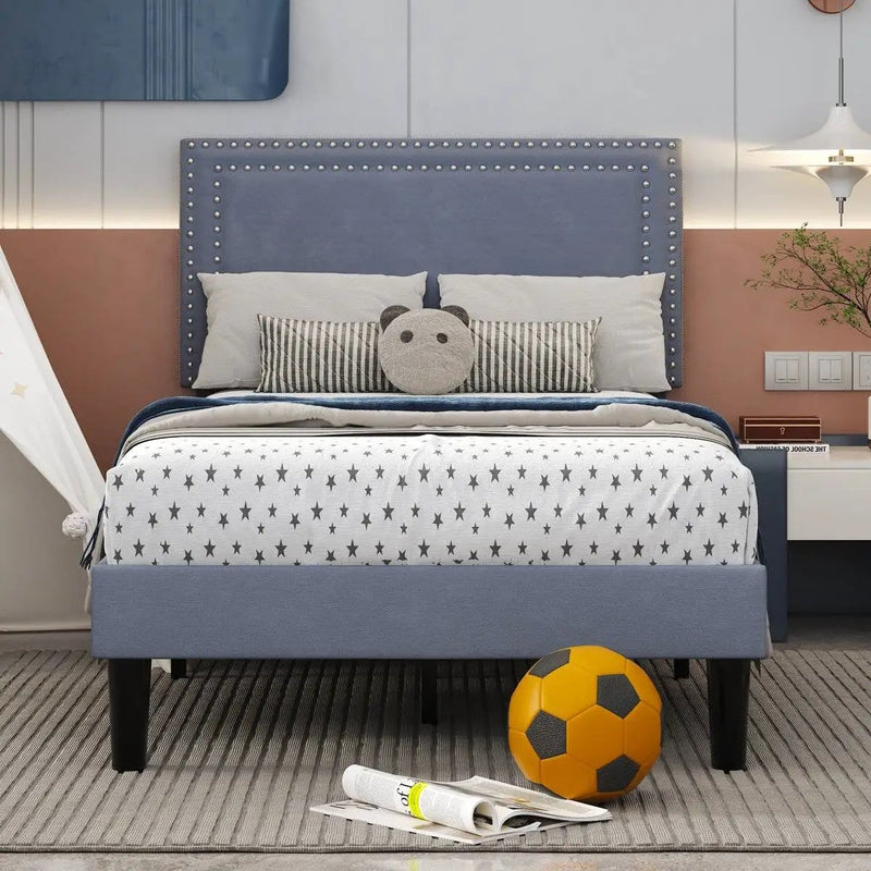 Set of 2 - Twin size Grey Upholstered Platform Bed Frame with Headboard by HomePacific