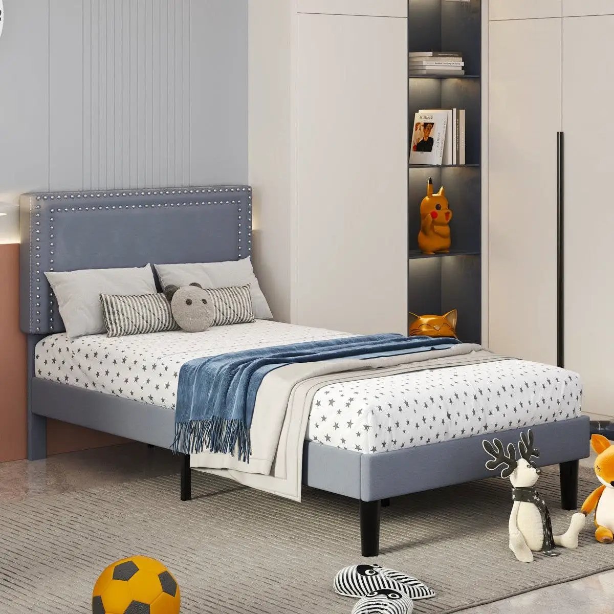 Set of 2 - Twin size Grey Upholstered Platform Bed Frame with Headboard by HomePacific