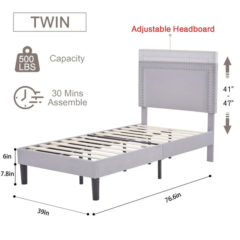 Set of 2 - Twin size Grey Upholstered Platform Bed Frame with Headboard by HomePacific