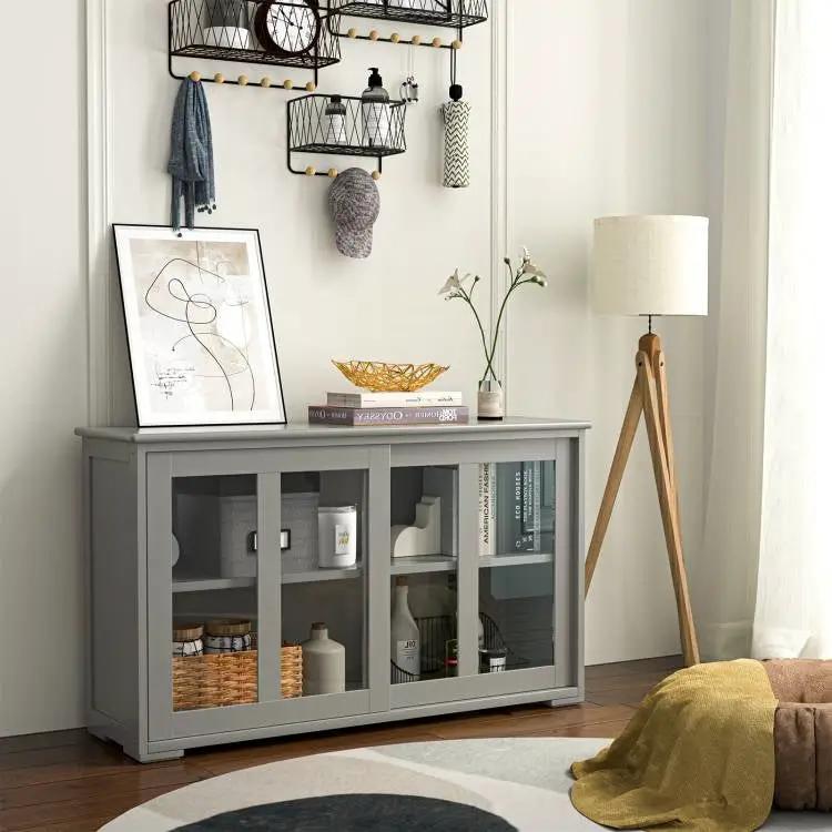Grey Wood Buffet Kitchen Dining Sideboard Storage Cabinet w/ Glass Sliding Door by HomePacific