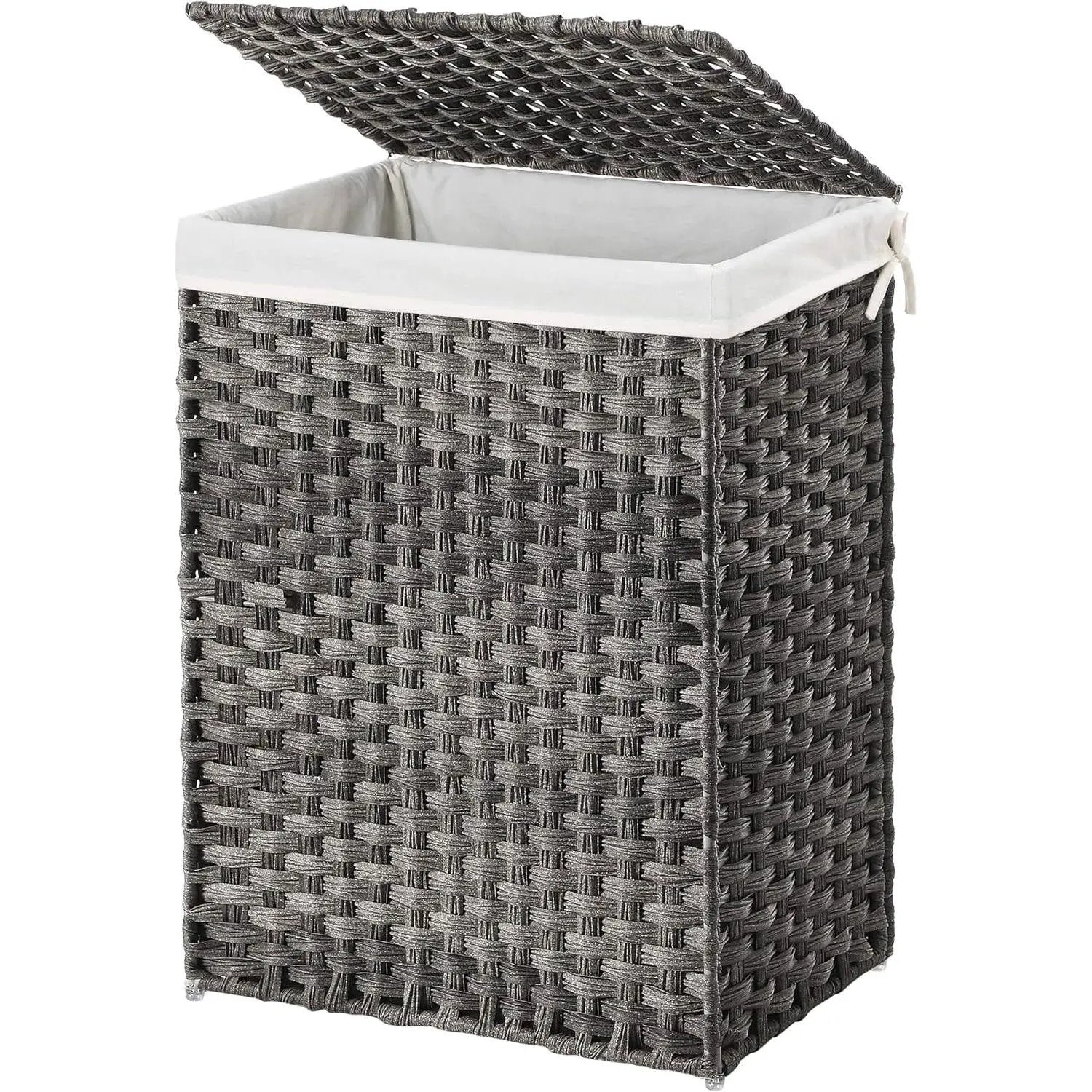 Grey Rattan Plastic Laundry Hamper Basket w/ Lid and Removable Cotton Liner Bag by HomePacific