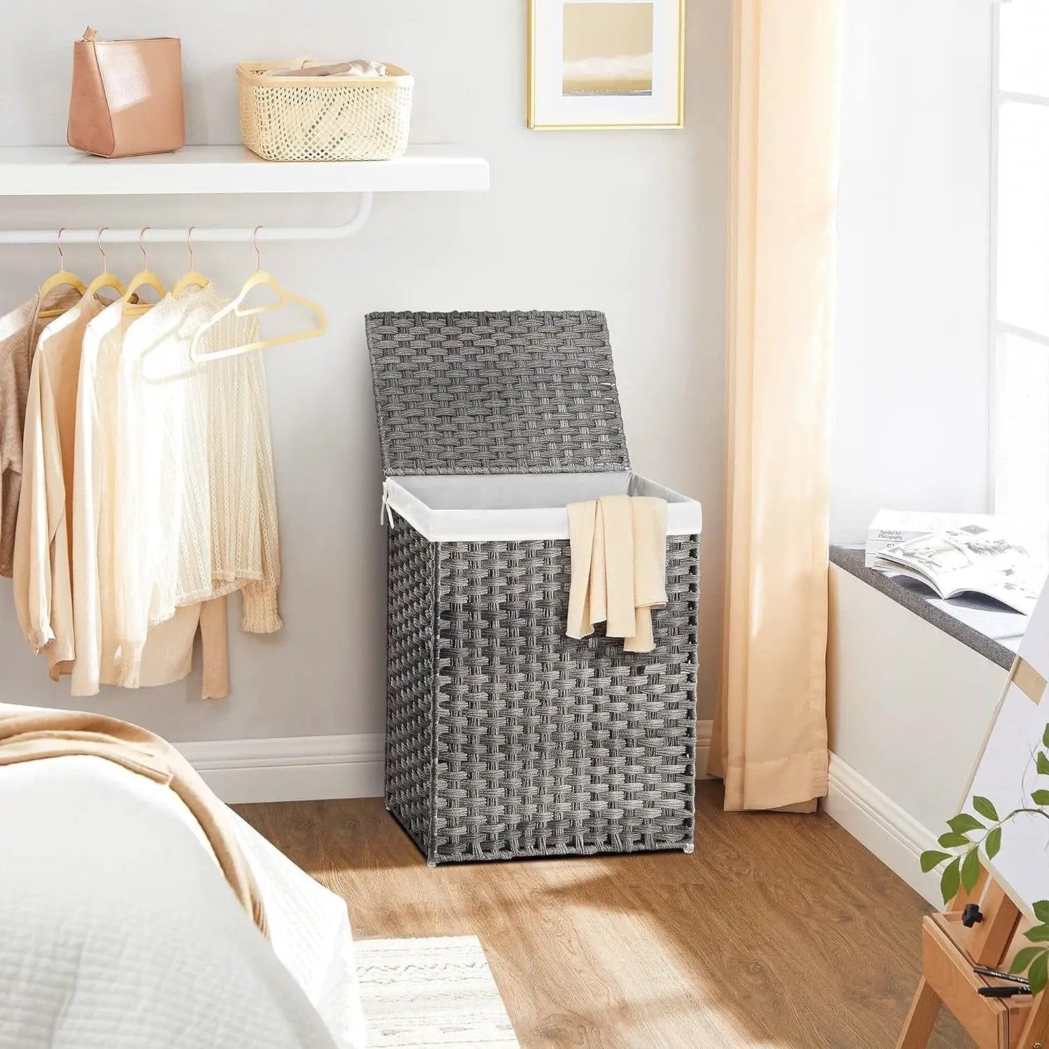 Grey Rattan Plastic Laundry Hamper Basket w/ Lid and Removable Cotton Liner Bag by HomePacific