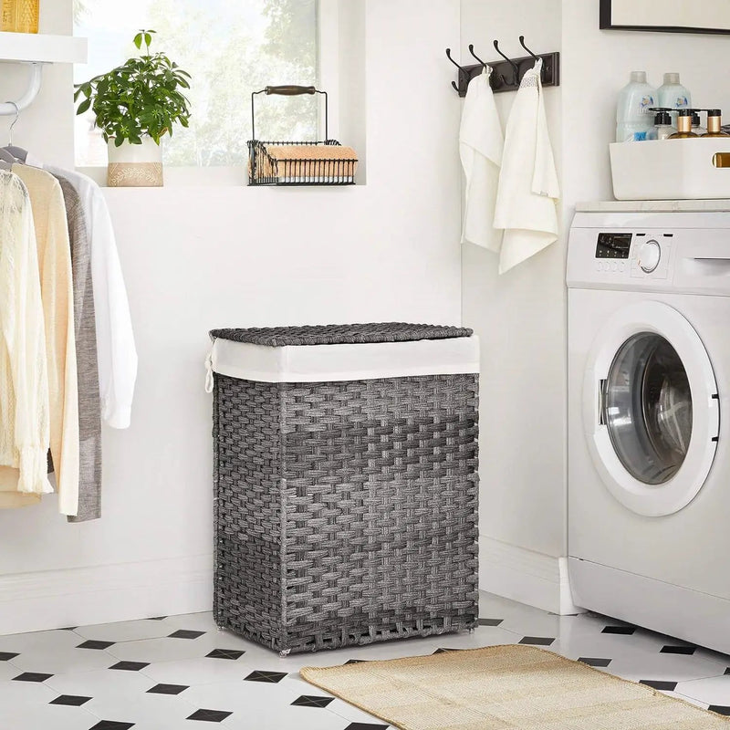 Grey Rattan Plastic Laundry Hamper Basket w/ Lid and Removable Cotton Liner Bag by HomePacific