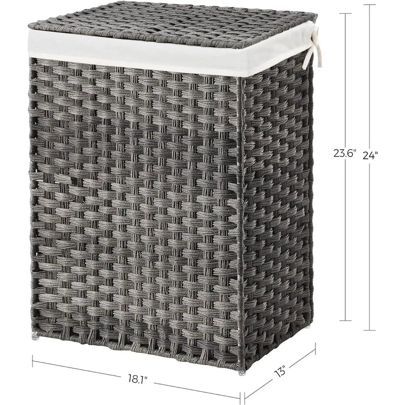 Grey Rattan Plastic Laundry Hamper Basket w/ Lid and Removable Cotton Liner Bag by HomePacific