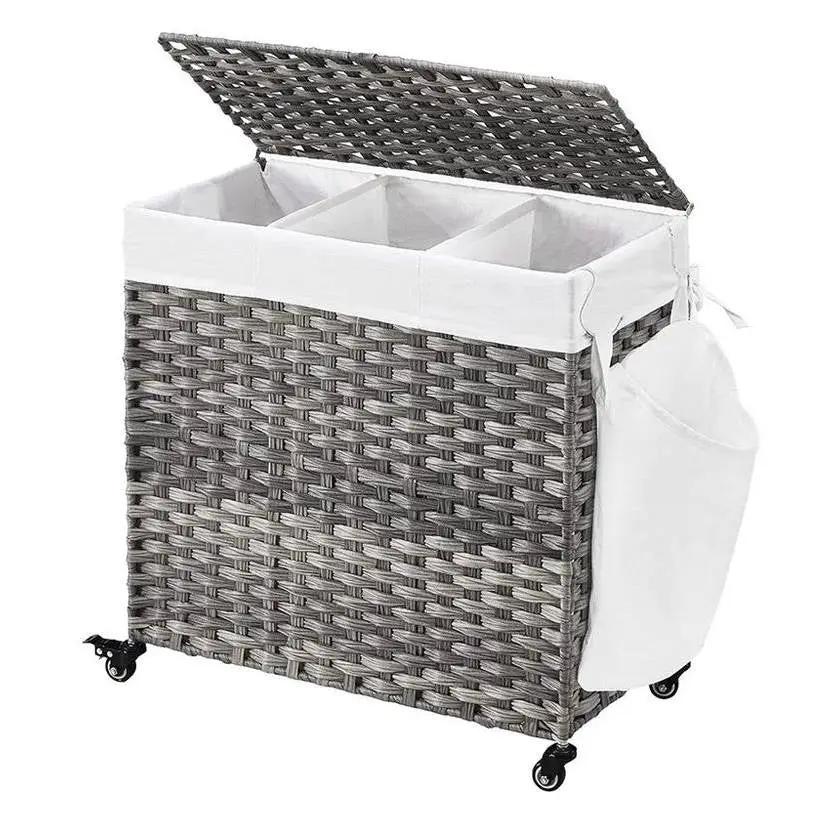 Handwoven Grey PP Rattan 3-Bag Laundry Basket Cart with Cotton Liner on Wheels by HomePacific