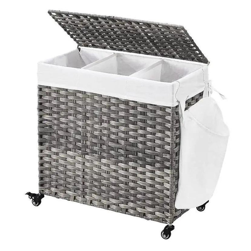 Handwoven Grey PP Rattan 3-Bag Laundry Basket Cart with Cotton Liner on Wheels by HomePacific