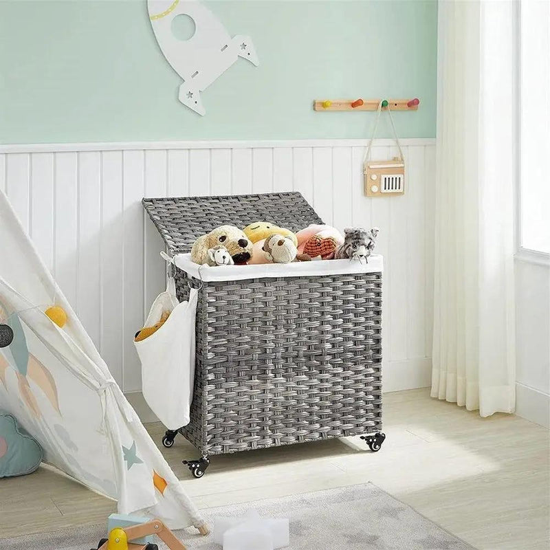 Handwoven Grey PP Rattan 3-Bag Laundry Basket Cart with Cotton Liner on Wheels by HomePacific