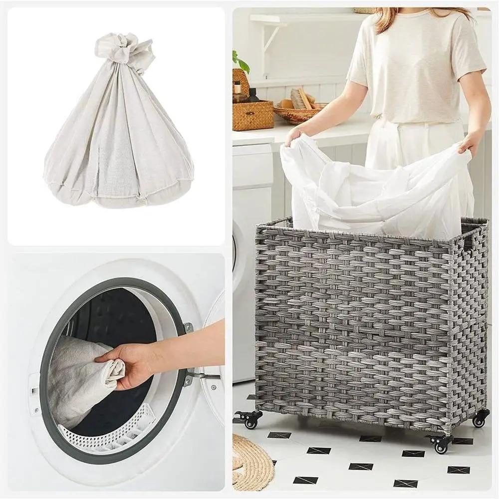 Handwoven Grey PP Rattan 3-Bag Laundry Basket Cart with Cotton Liner on Wheels by HomePacific