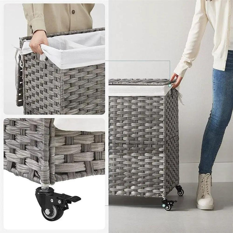 Handwoven Grey PP Rattan 3-Bag Laundry Basket Cart with Cotton Liner on Wheels by HomePacific