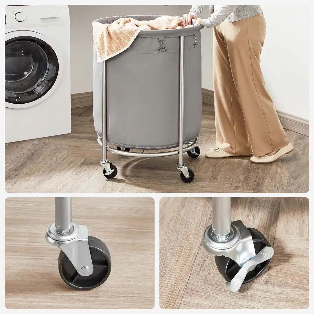 Round 45-Gallon Laundry Basket Hamper with Grey Fabric Bag Steel Frame on Wheels by HomePacific
