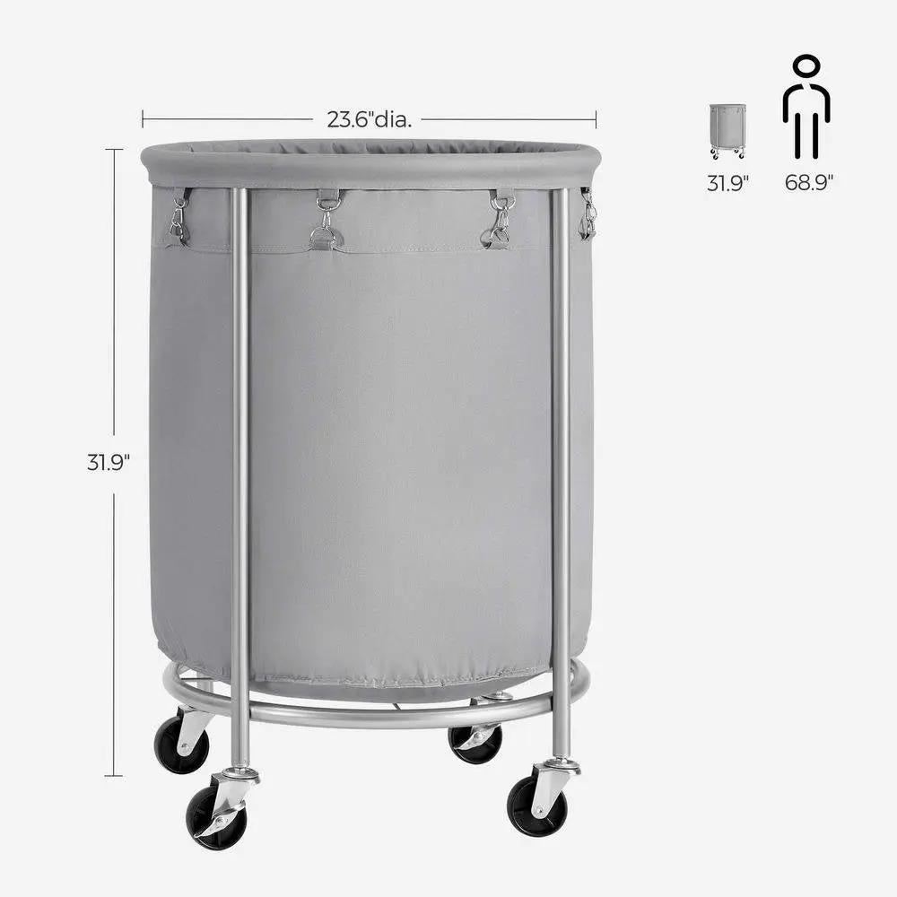 Round 45-Gallon Laundry Basket Hamper with Grey Fabric Bag Steel Frame on Wheels by HomePacific
