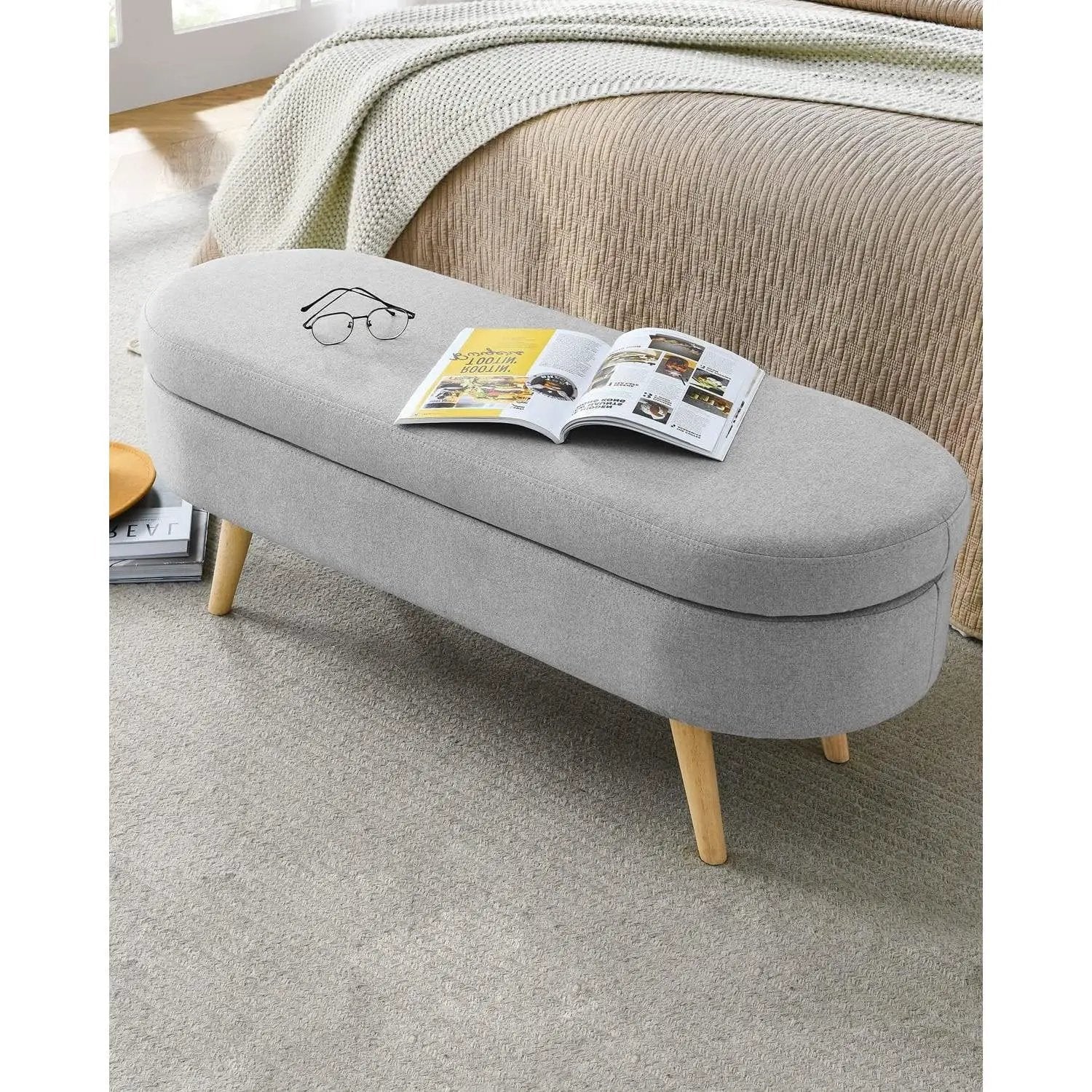Mid-Century Modern Boho Style Grey Linen Bedroom Storage Bed Bench by HomePacific