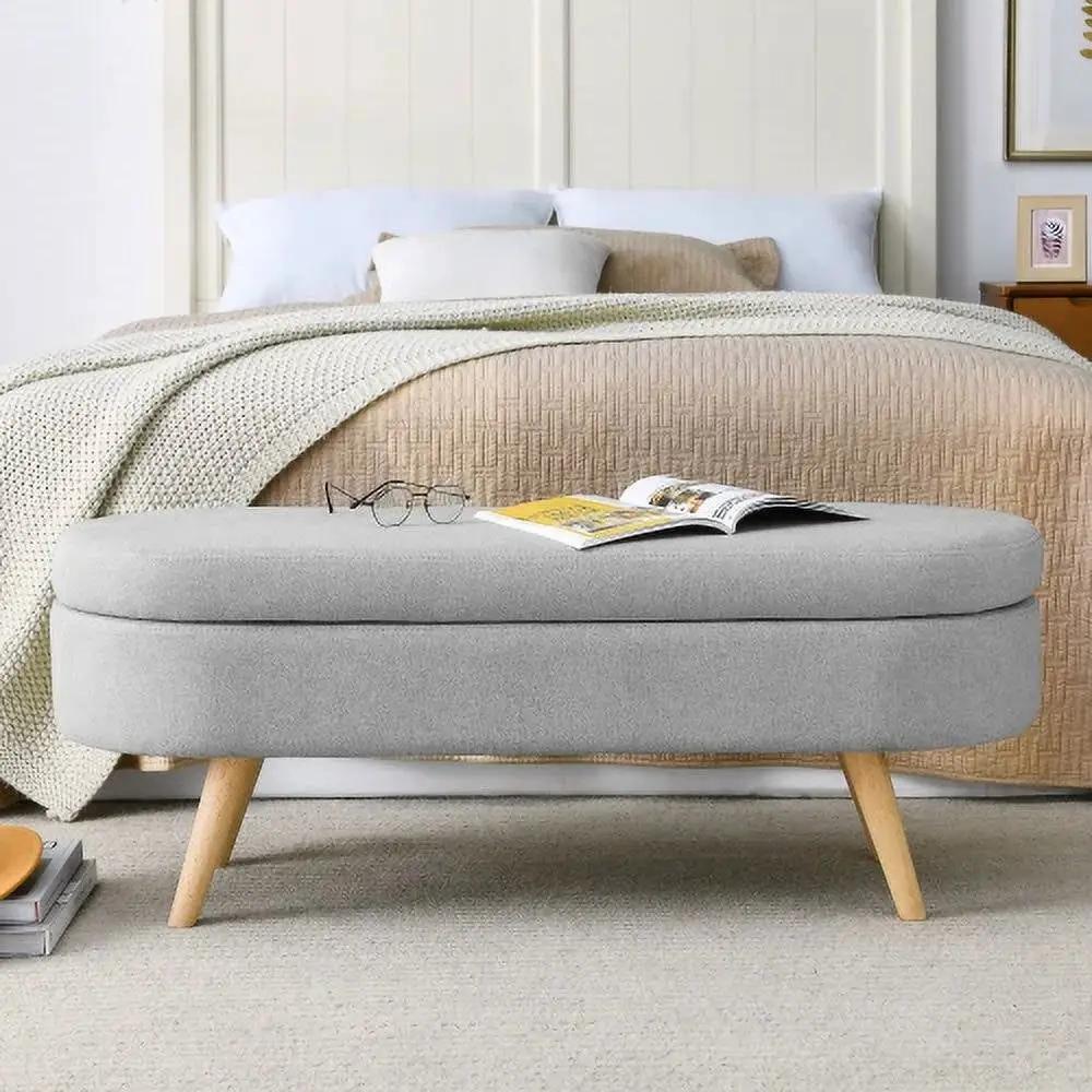 Mid-Century Modern Boho Style Grey Linen Bedroom Storage Bed Bench by HomePacific