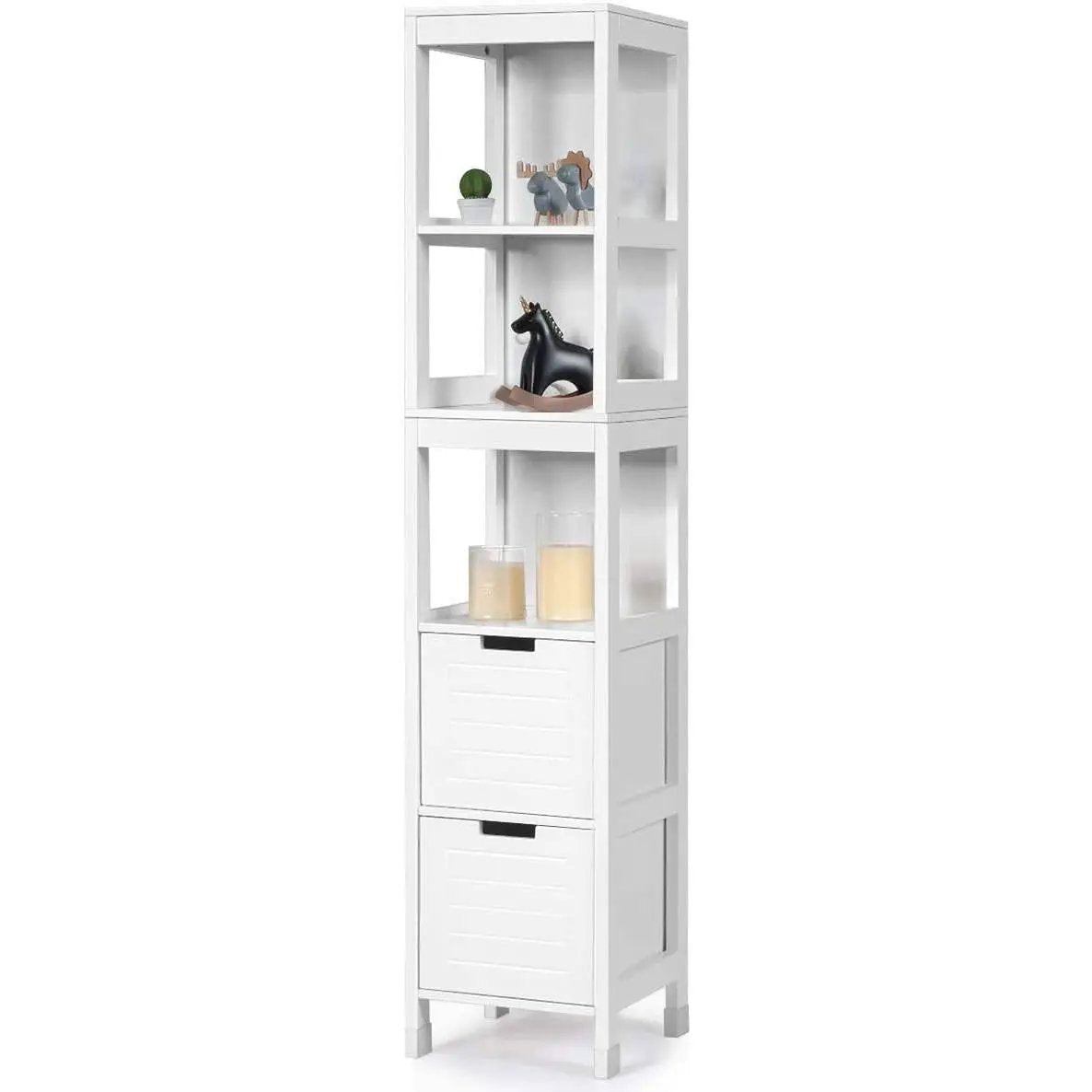 Bathroom Cabinet Tower with 2 Storage Drawers and 3 Shelves in White Wood Finish by HomePacific