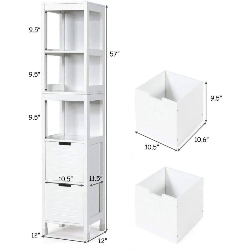 Bathroom Cabinet Tower with 2 Storage Drawers and 3 Shelves in White Wood Finish by HomePacific