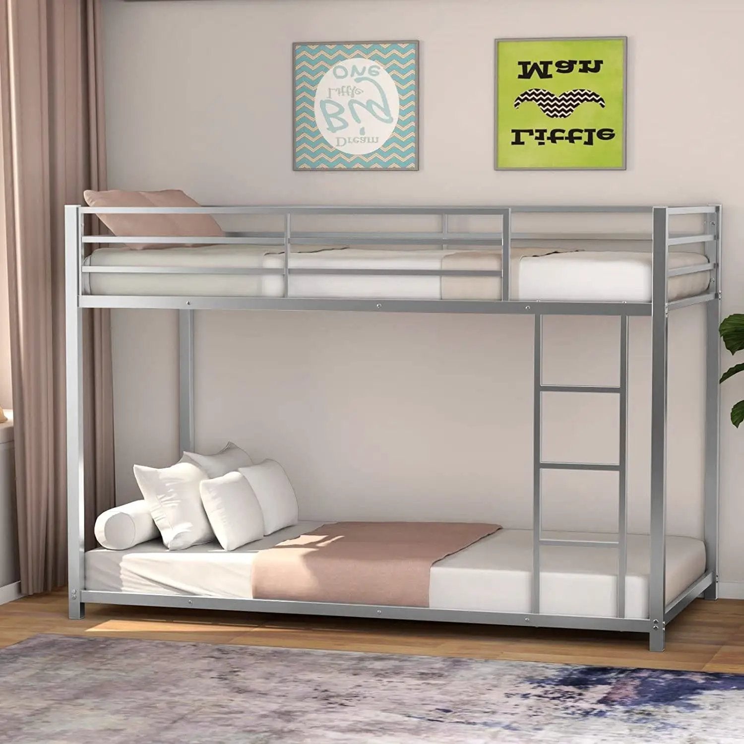 Twin over Twin Low Profile Modern Bunk Bed in Silver Metal Finish by HomePacific