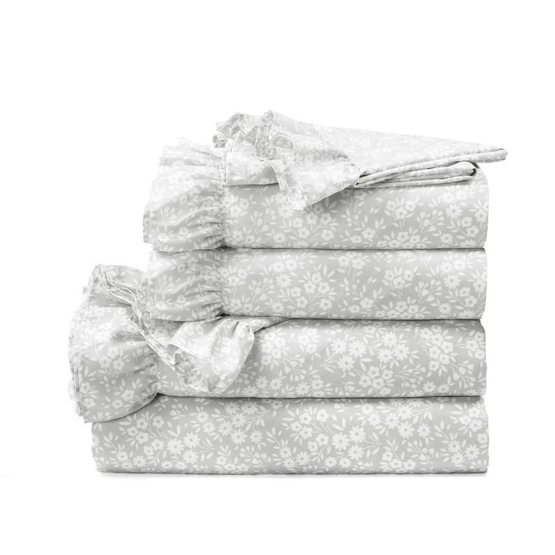 King size Grey Ruffle Floral Polyester 6 Piece Sheet Set by HomePacific