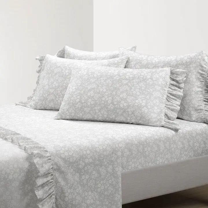 King size Grey Ruffle Floral Polyester 6 Piece Sheet Set by HomePacific