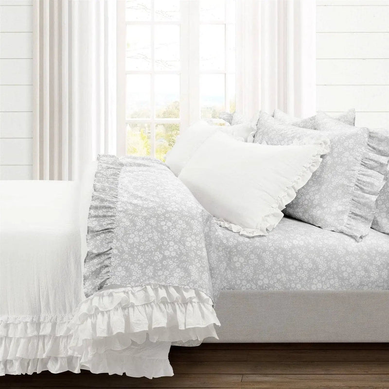 King size Grey Ruffle Floral Polyester 6 Piece Sheet Set by HomePacific