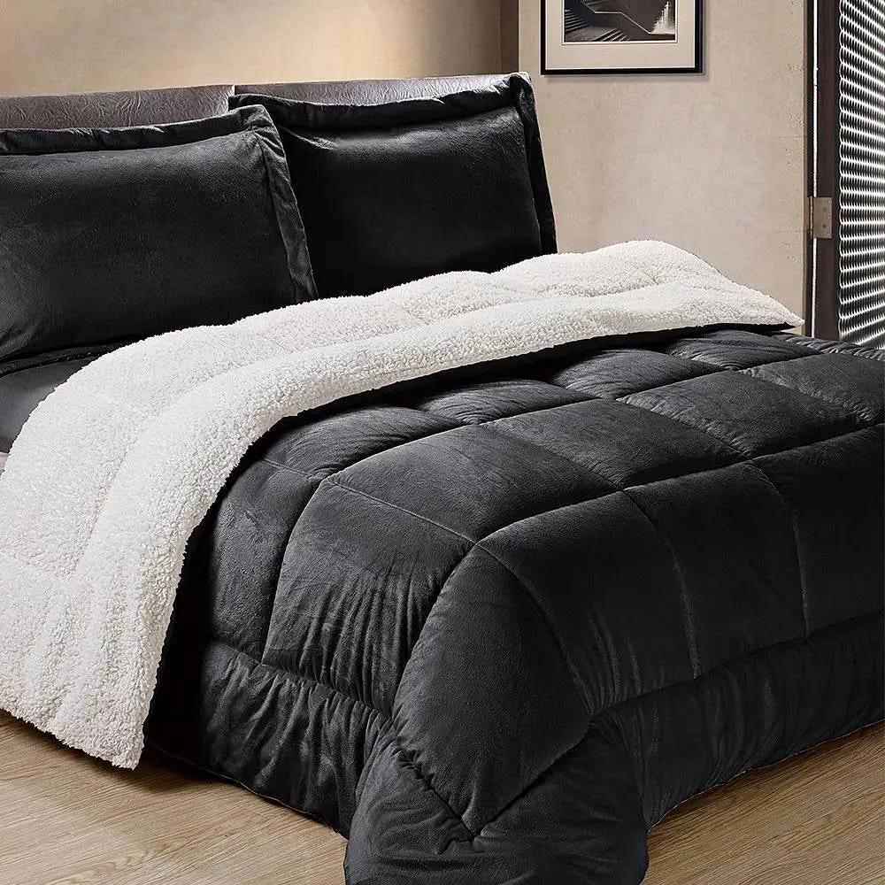 Twin Size 2 Piece Ultra Soft Sherpa Wrinkle Resistant Comforter Set in Black by HomePacific