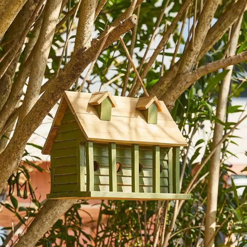 Green Wood Garden Bird House with 1 Compartment and 4 Holes by HomePacific