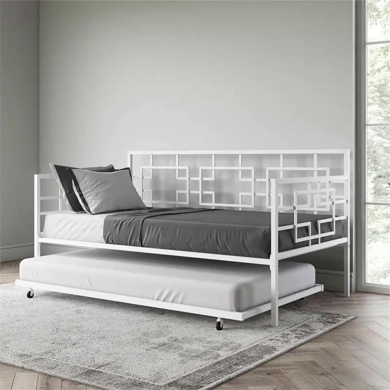 Contemporary White Metal Daybed Frame with Twin Pull-Out Trundle Bed by HomePacific