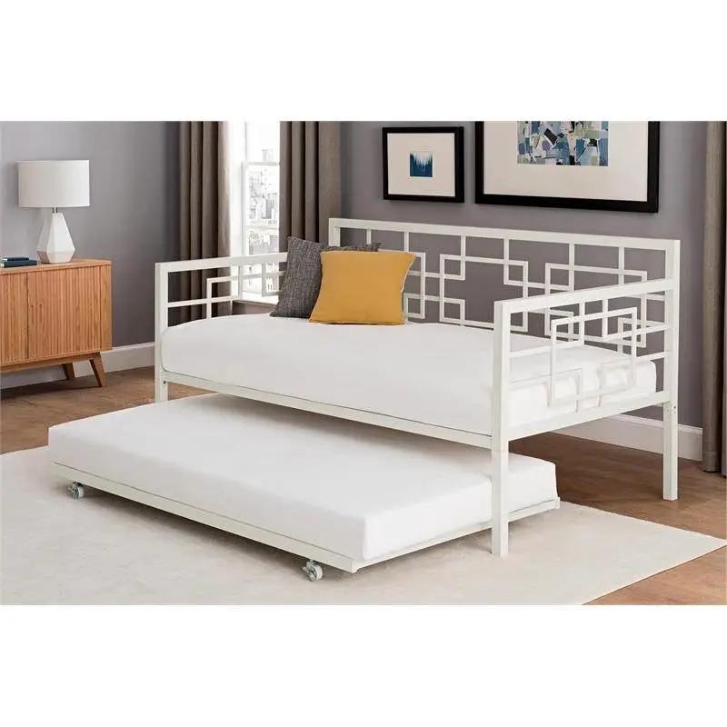 Contemporary White Metal Daybed Frame with Twin Pull-Out Trundle Bed by HomePacific