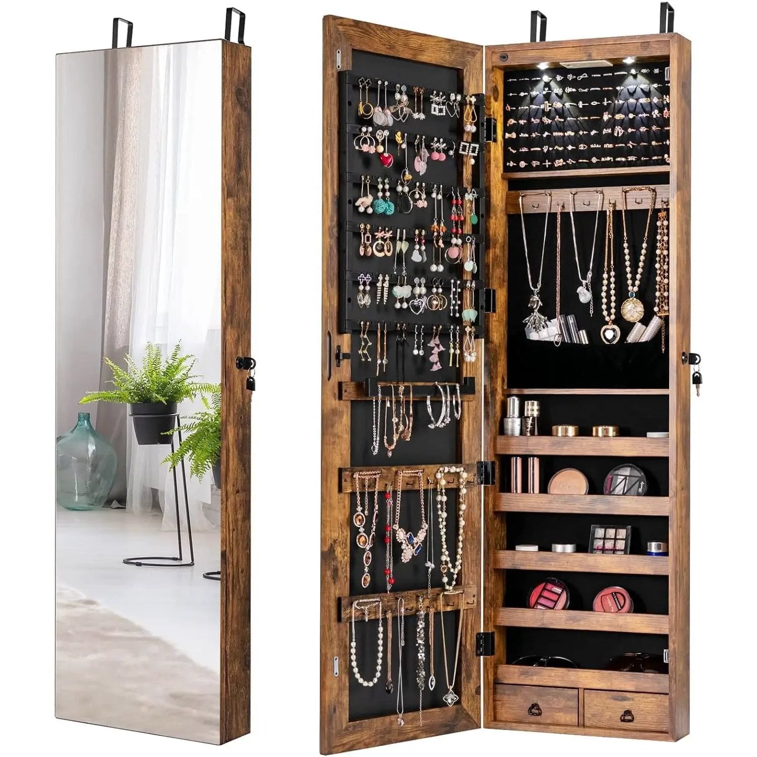 2-in-1 Door/Wall Mounted Jewelry Armoire Full Length Mirror in Brown Wood Finish by HomePacific
