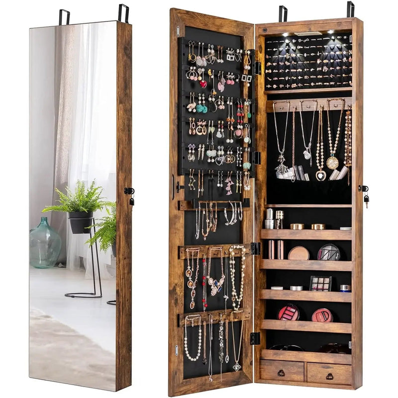 2-in-1 Door/Wall Mounted Jewelry Armoire Full Length Mirror in Brown Wood Finish by HomePacific