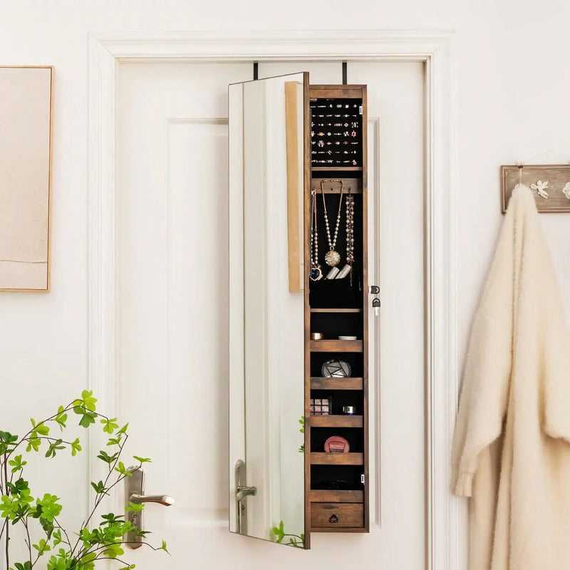 2-in-1 Door/Wall Mounted Jewelry Armoire Full Length Mirror in Brown Wood Finish by HomePacific