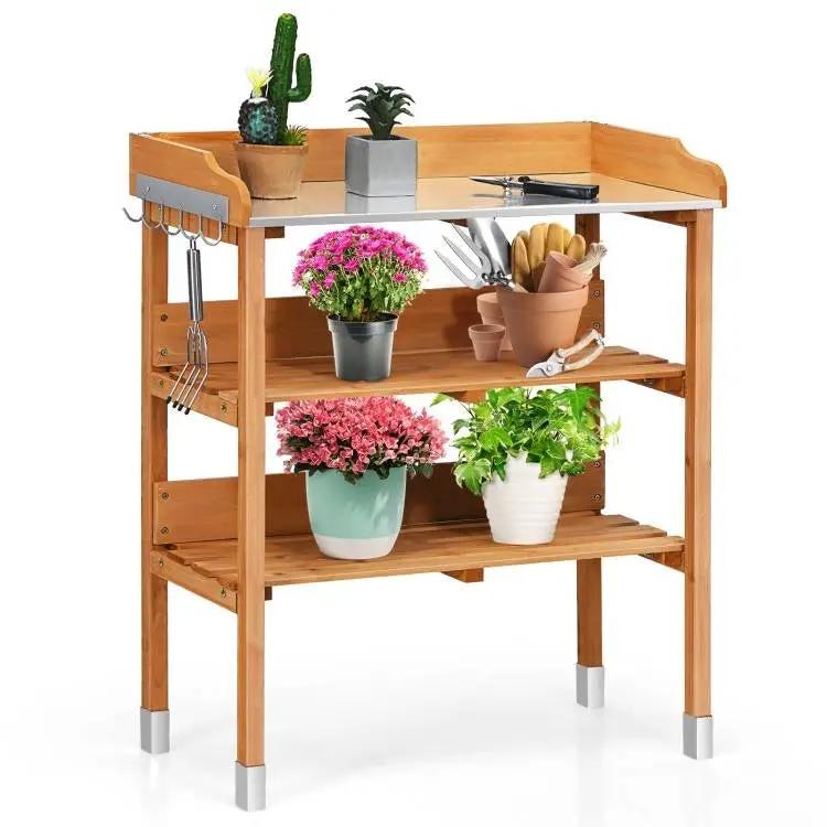 Solid Wood Outdoor Garden Bench Table with Bottom Storage Shelves and Metal Top by HomePacific