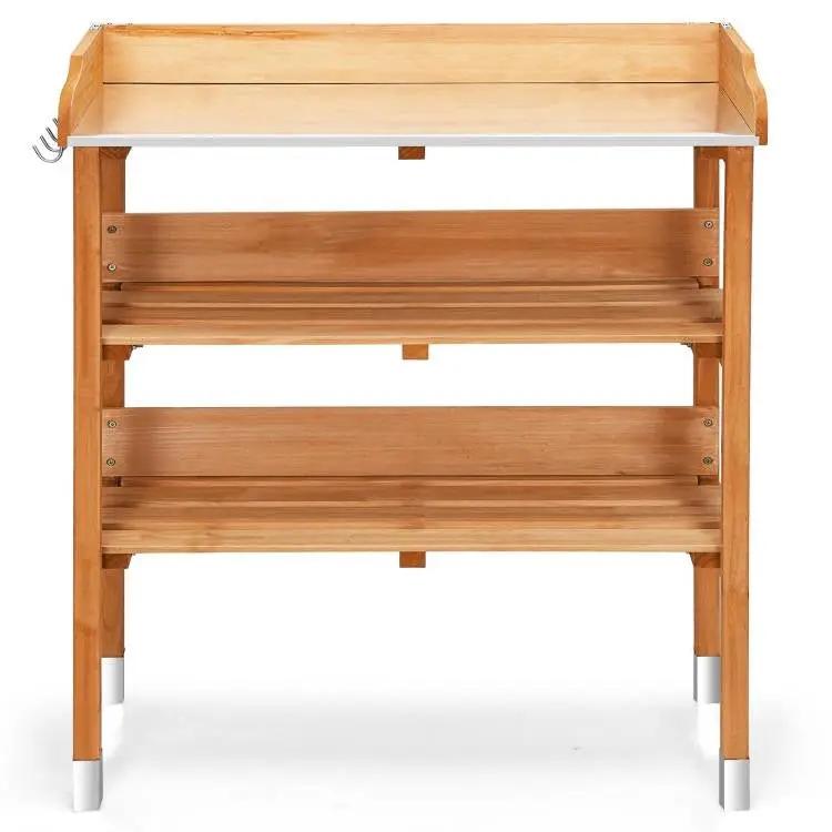 Solid Wood Outdoor Garden Bench Table with Bottom Storage Shelves and Metal Top by HomePacific