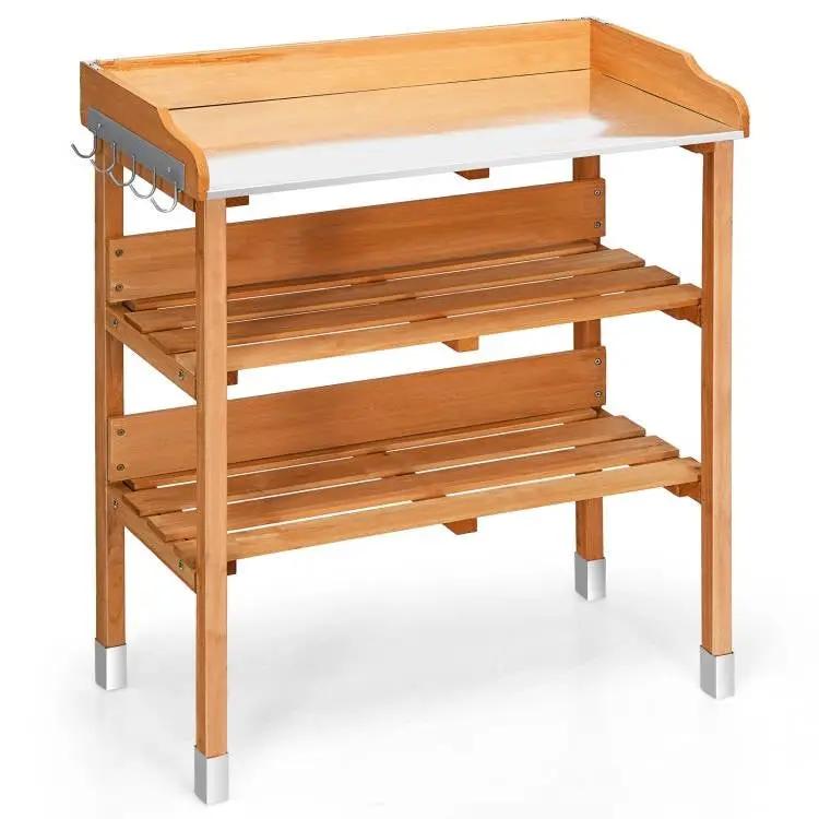 Solid Wood Outdoor Garden Bench Table with Bottom Storage Shelves and Metal Top by HomePacific