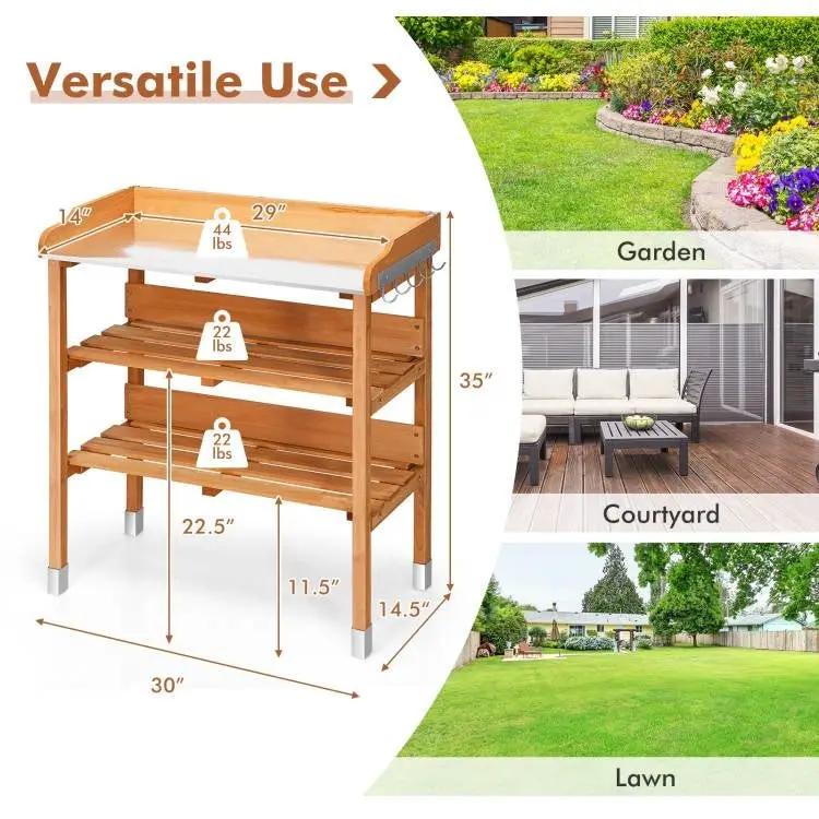 Solid Wood Outdoor Garden Bench Table with Bottom Storage Shelves and Metal Top by HomePacific