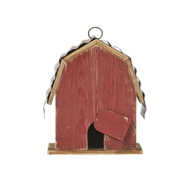 Outdoor Red Wood and Metal Barn Style Hanging Bird House by HomePacific