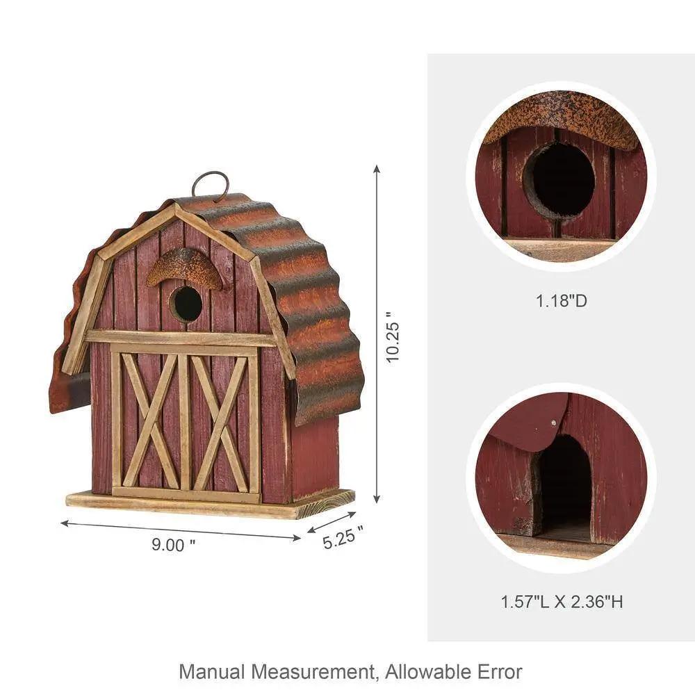 Outdoor Red Wood and Metal Barn Style Hanging Bird House by HomePacific