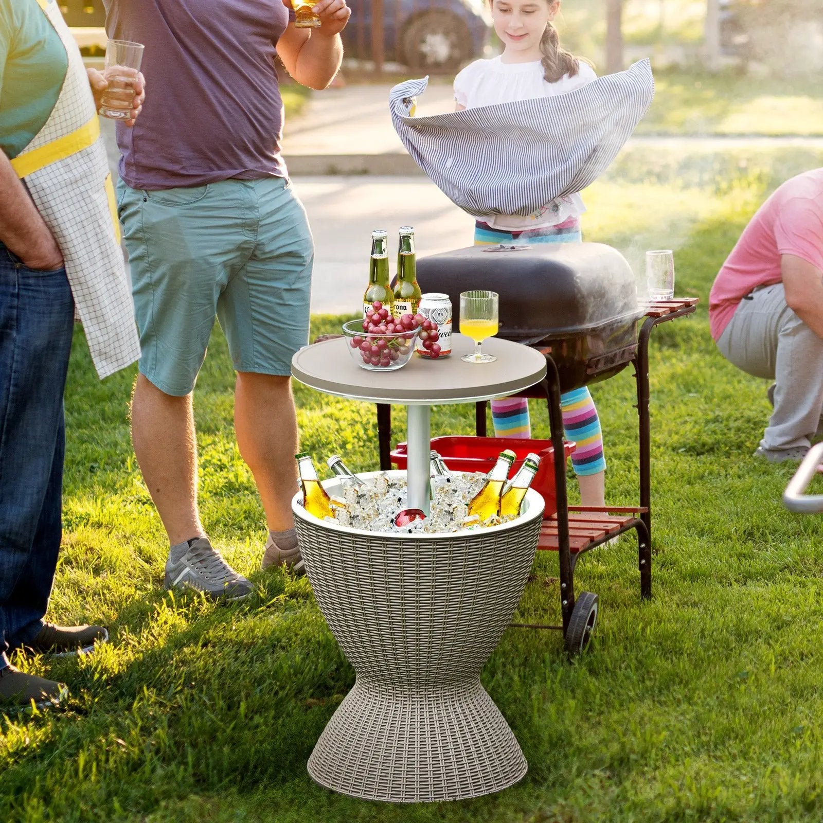 3 in 1 8 Gallon Patio Rattan Cooler Bar Table with Adjust Ice Bucket-Black by DirectDeals