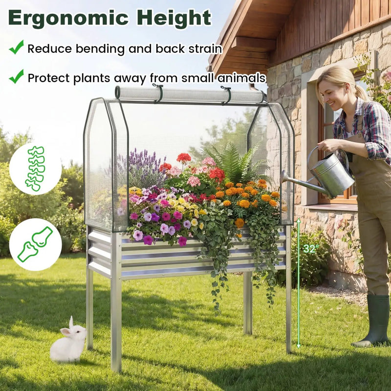 Galvanized Raised Garden Bed with Legs and Greenhouse Cover for Vegetable Flower by DirectDeals