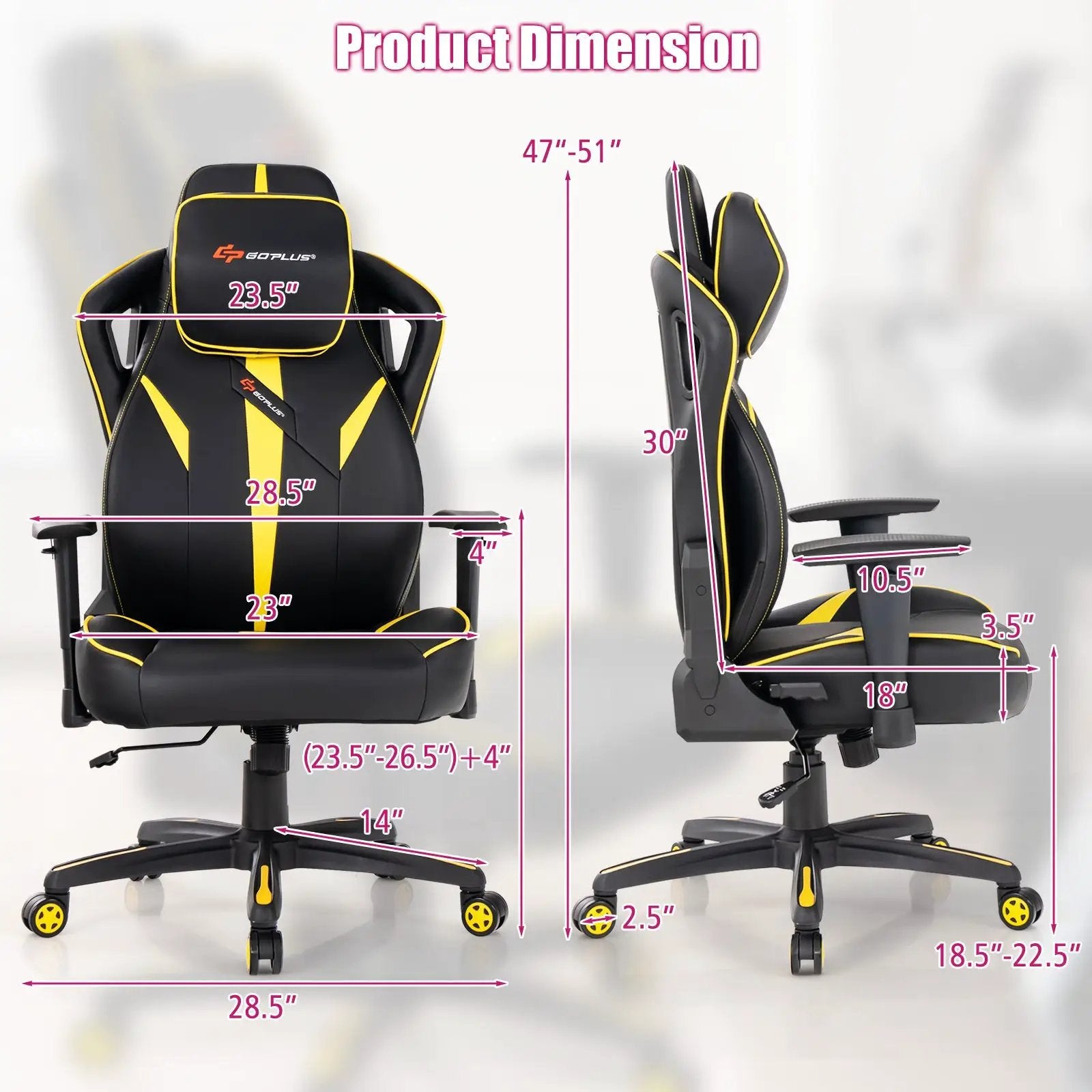 Ergonomic Gaming Chair with Adjustable Height and Reclining Backrest-Yellow by DirectDeals