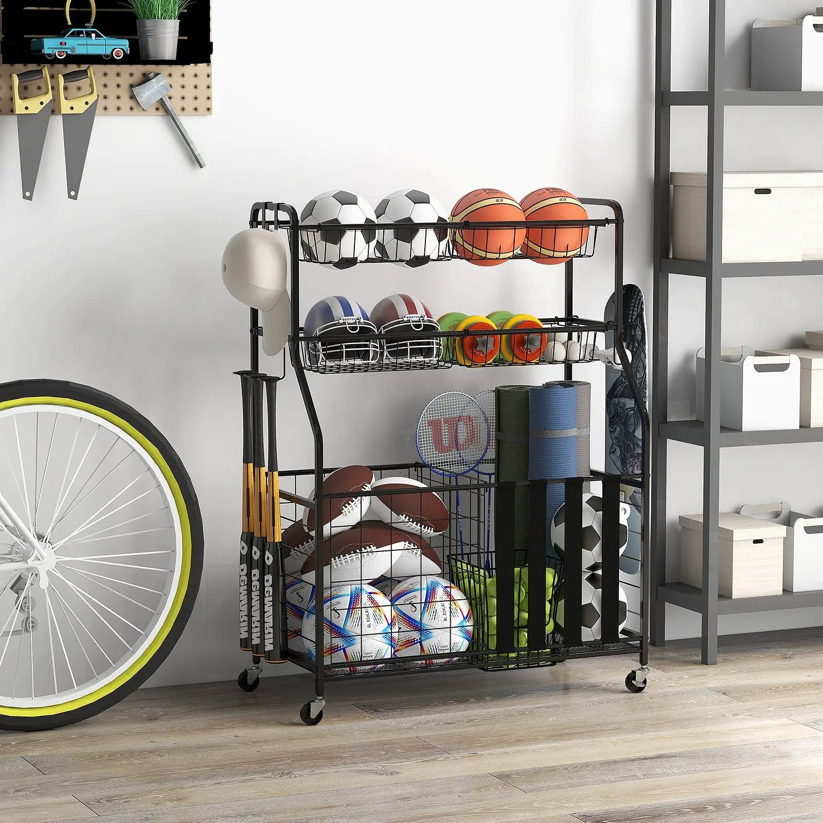 Garage Sports Equipment Organizer with Hooks & Baskets for Basketball-Black by DirectDeals