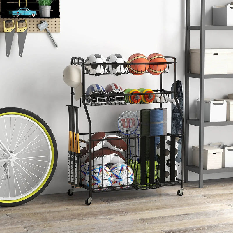 Garage Sports Equipment Organizer with Hooks & Baskets for Basketball-Black by DirectDeals