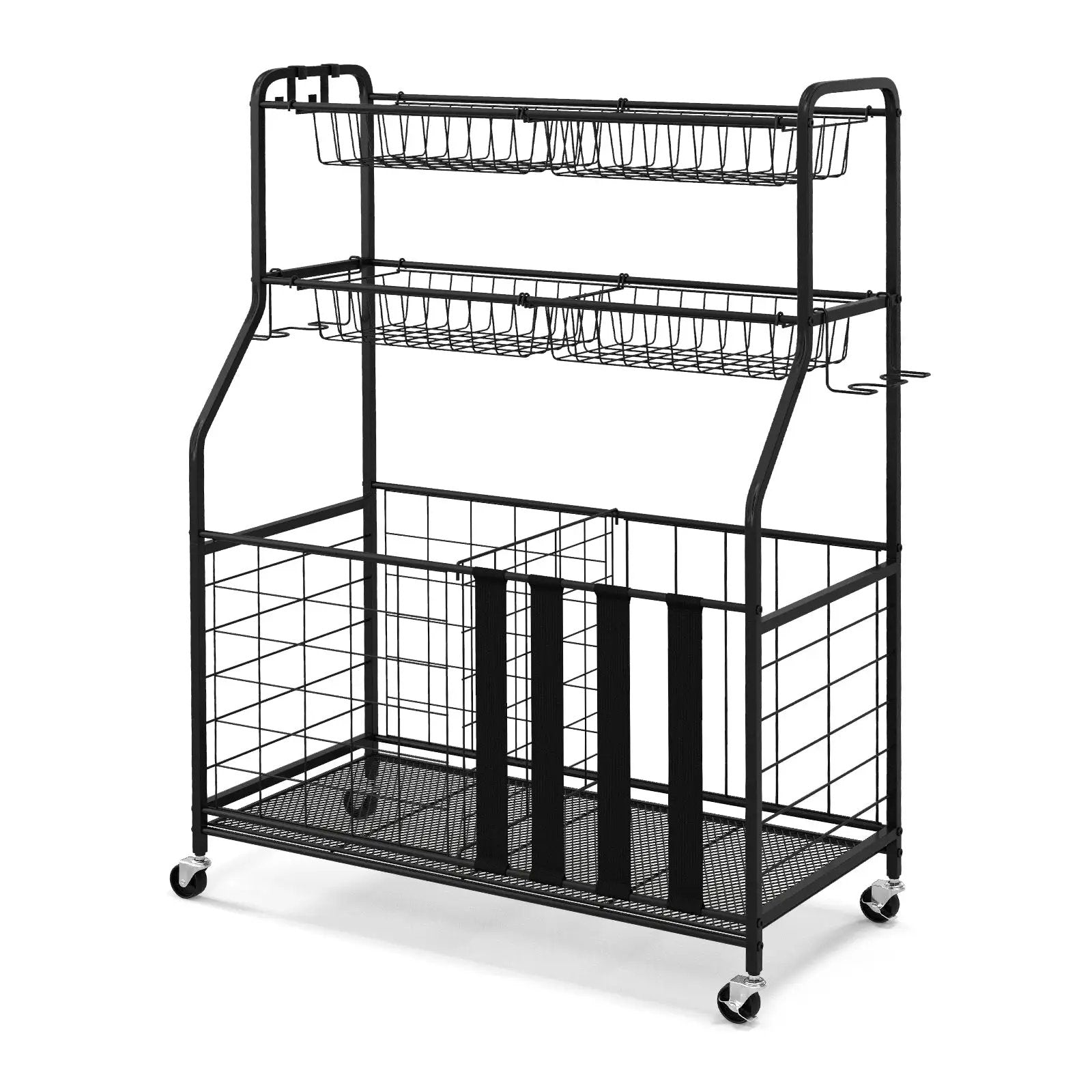 Garage Sports Equipment Organizer with Hooks & Baskets for Basketball-Black by DirectDeals