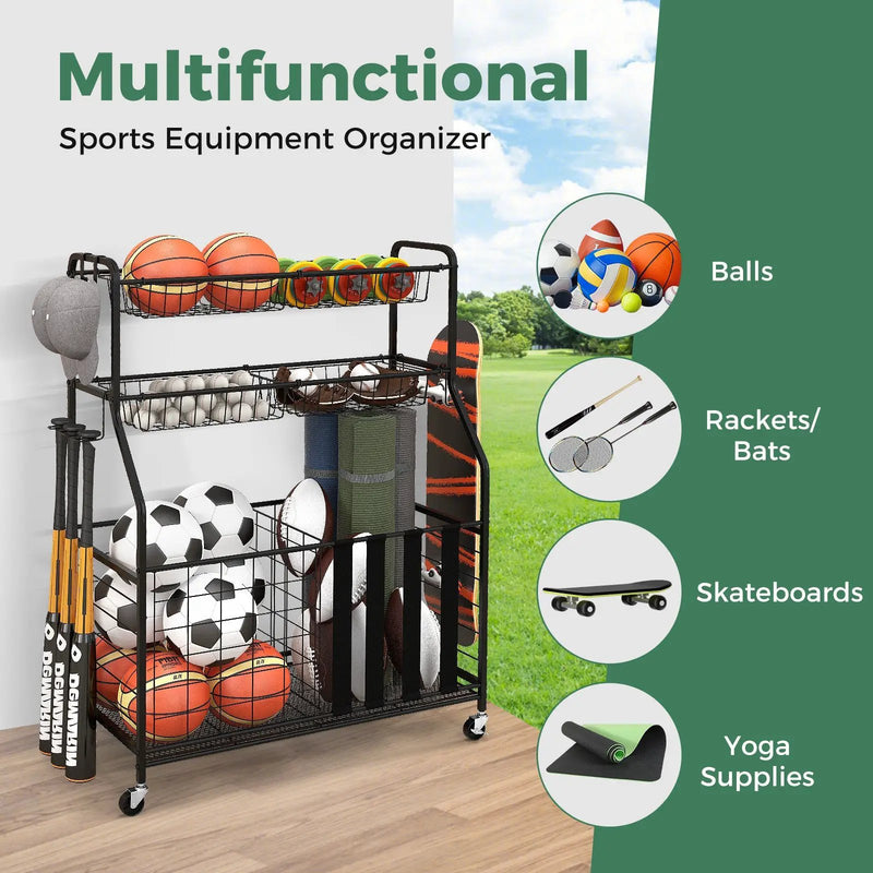 Garage Sports Equipment Organizer with Hooks & Baskets for Basketball-Black by DirectDeals