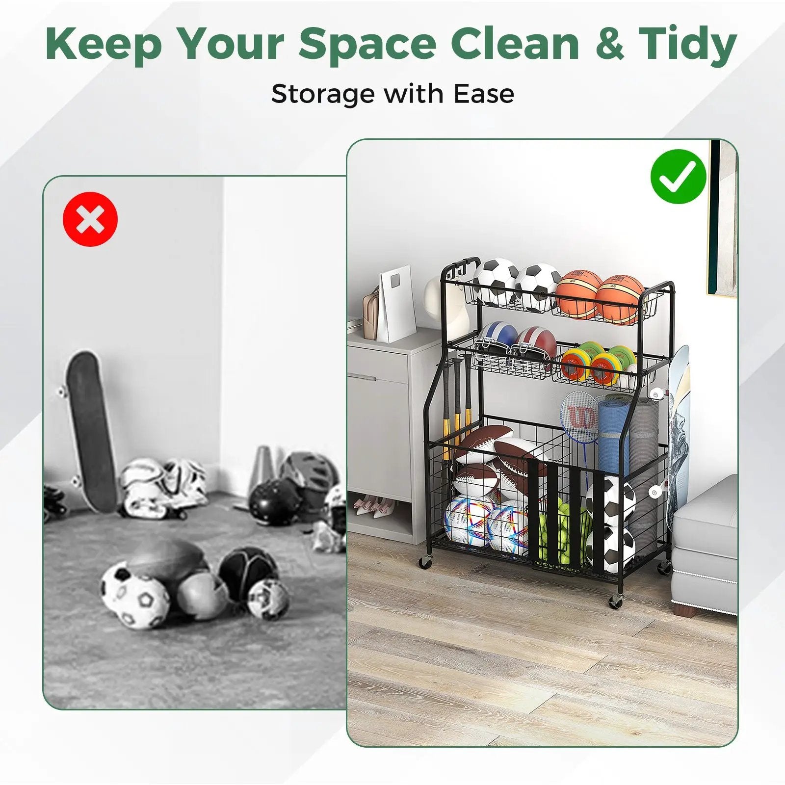Garage Sports Equipment Organizer with Hooks & Baskets for Basketball-Black by DirectDeals