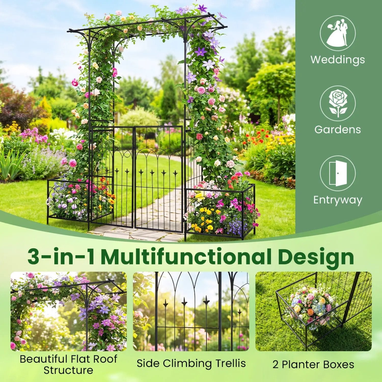 Garden Arbor with Gate and Planter Boxes Heavy Duty Metal Arch with Side Trellis by DirectDeals
