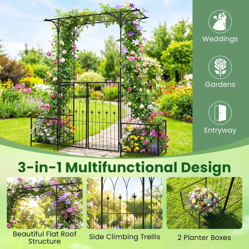 Garden Arbor with Gate and Planter Boxes Heavy Duty Metal Arch with Side Trellis by DirectDeals